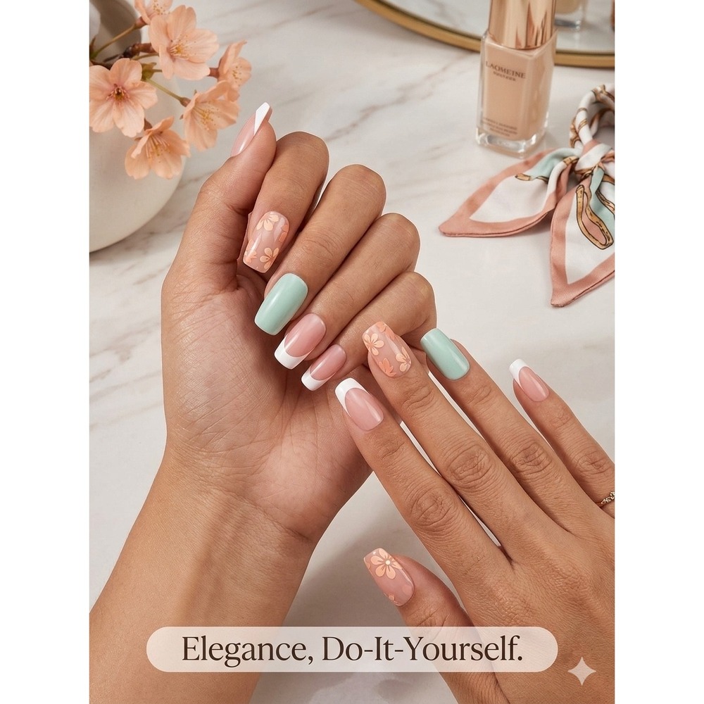 NIB Press-On Nails Set in Floral and Green French‎ Tip 24 Pc